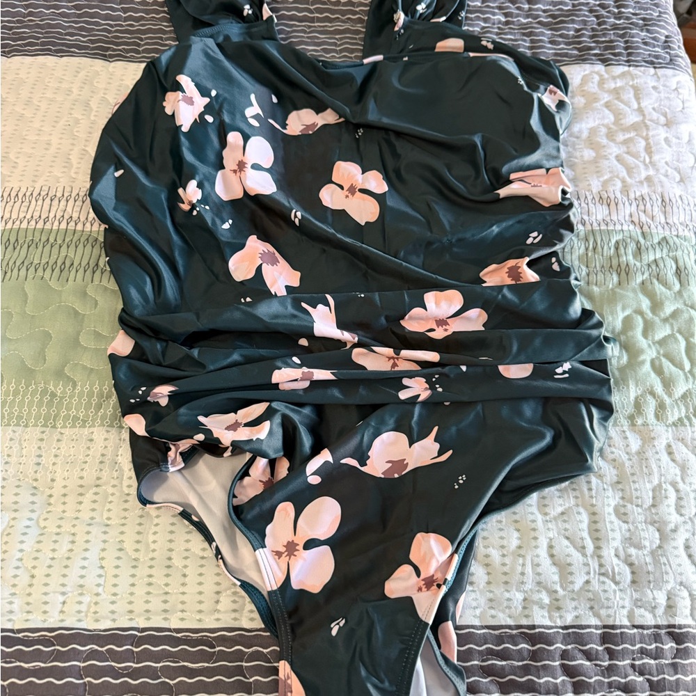 Kids Dark Green One-Piece Swimsuit with Pink Floral Print
